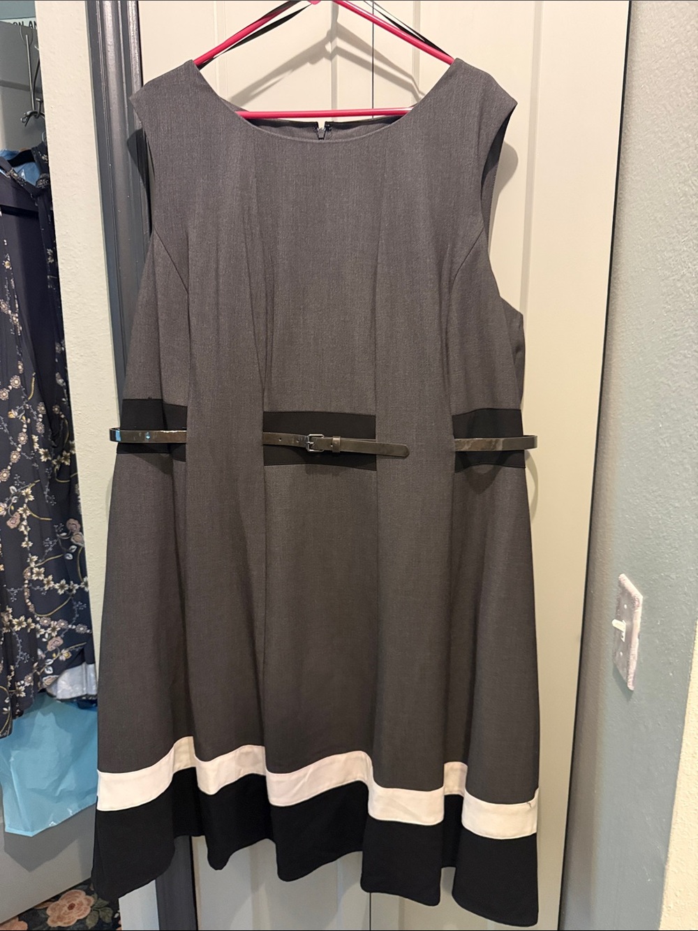 Calvin Klein Classic Grey Colorblock Fit & Flare Dress with Belt
